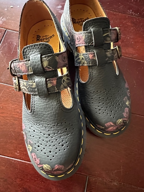 Dr. Martens Shoes - Dr. Martens Black Leather Floral Double-Strap Mary Jane Shoes UK5 Women’s 7